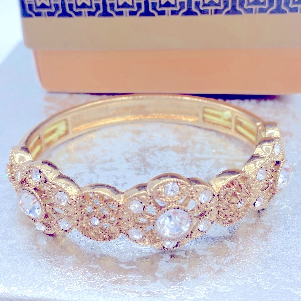 Monet Elegant Gold Tone Filigree With Clear Rhinestones Stretch Bracelet New